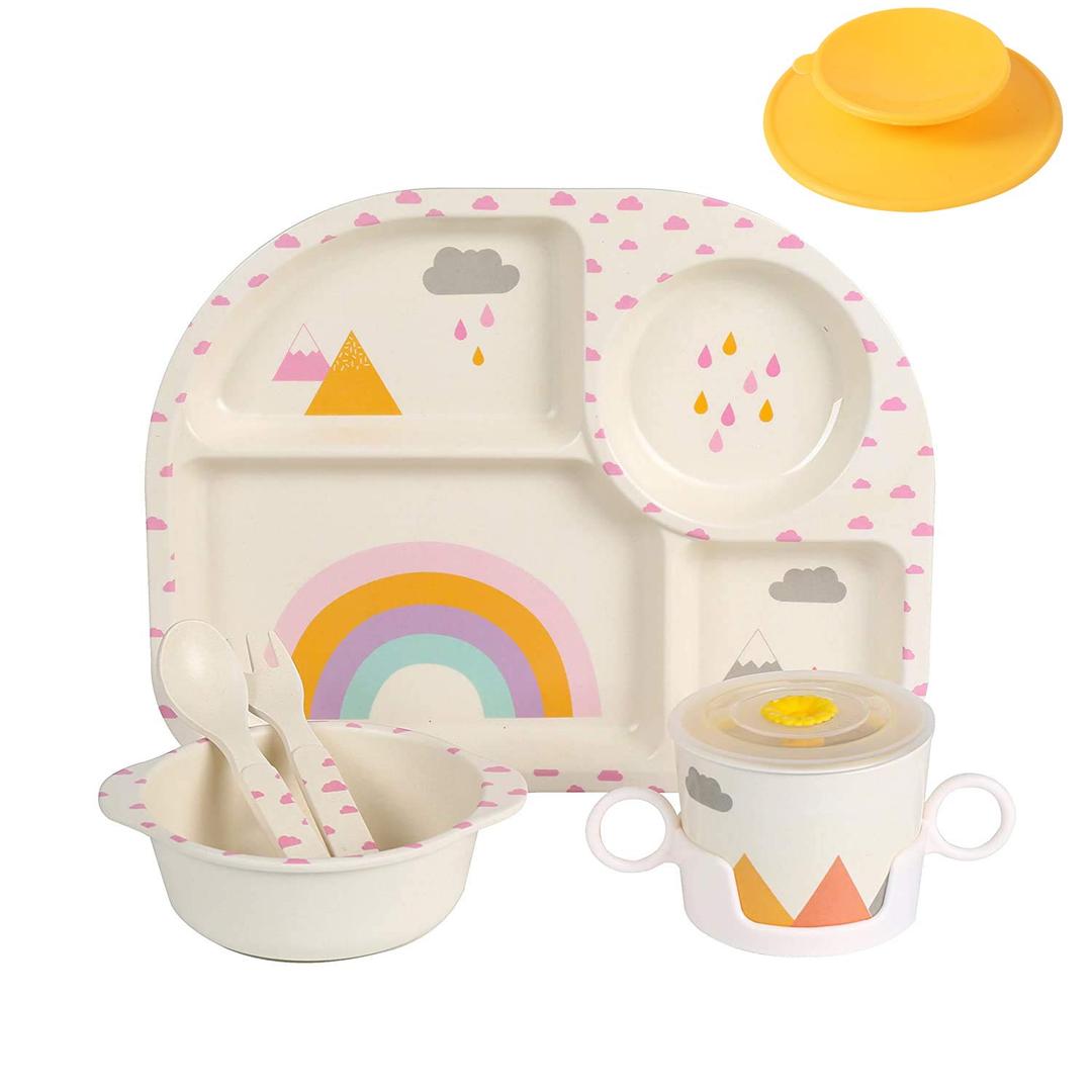 shopwithgreen 7Pcs/Set Bamboo Kids Dinnerware Set - Children Dishes - Food Plate Bowl Cup Spoon Fork Set Dishware, Cartoon Tableware, Dishwasher Safe Kids Healthy Mealtime, BPA Free (Rainbow)