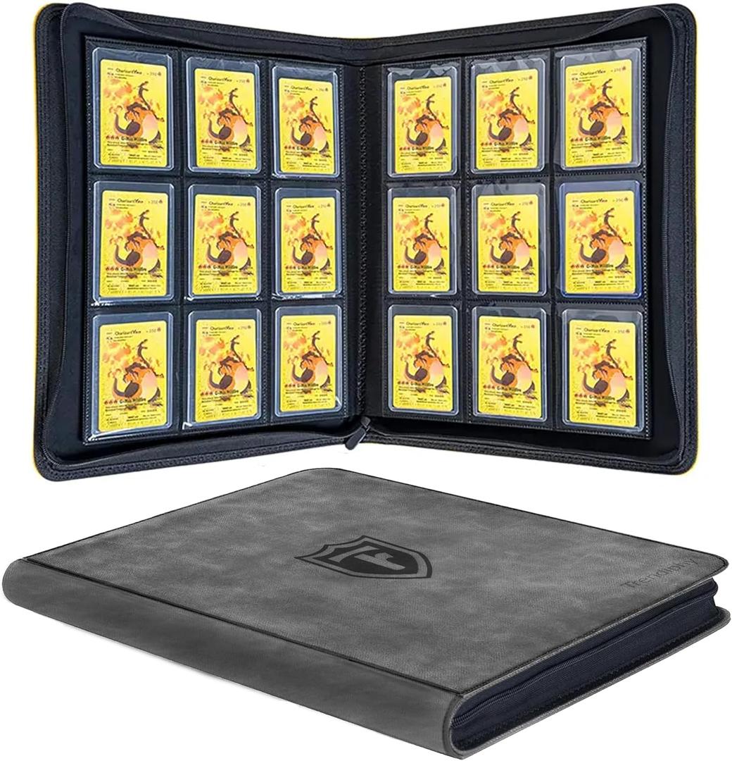 Top Loader Binder - 9 Pocket (3" x 4"), Holds 288 Toploaders With Side-Loading Pockets | Rigid Zipper Case | Baseball Toploader Cards Storage, Binder For Top Loaders TCG & MTG Cards (Dark Grey)