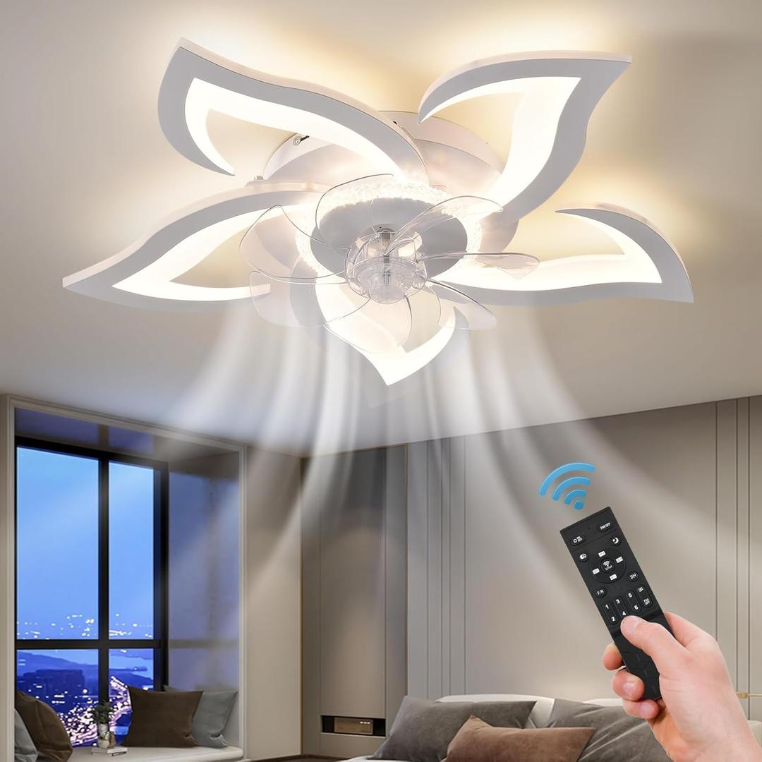 26" Geometric Ceiling Fan with Light Remote Control, 6 Speeds 3 Colors, White Low Profile Flush Mount Ceiling Light for Kitchen Bedroom Living Room, White-26" Flower 1