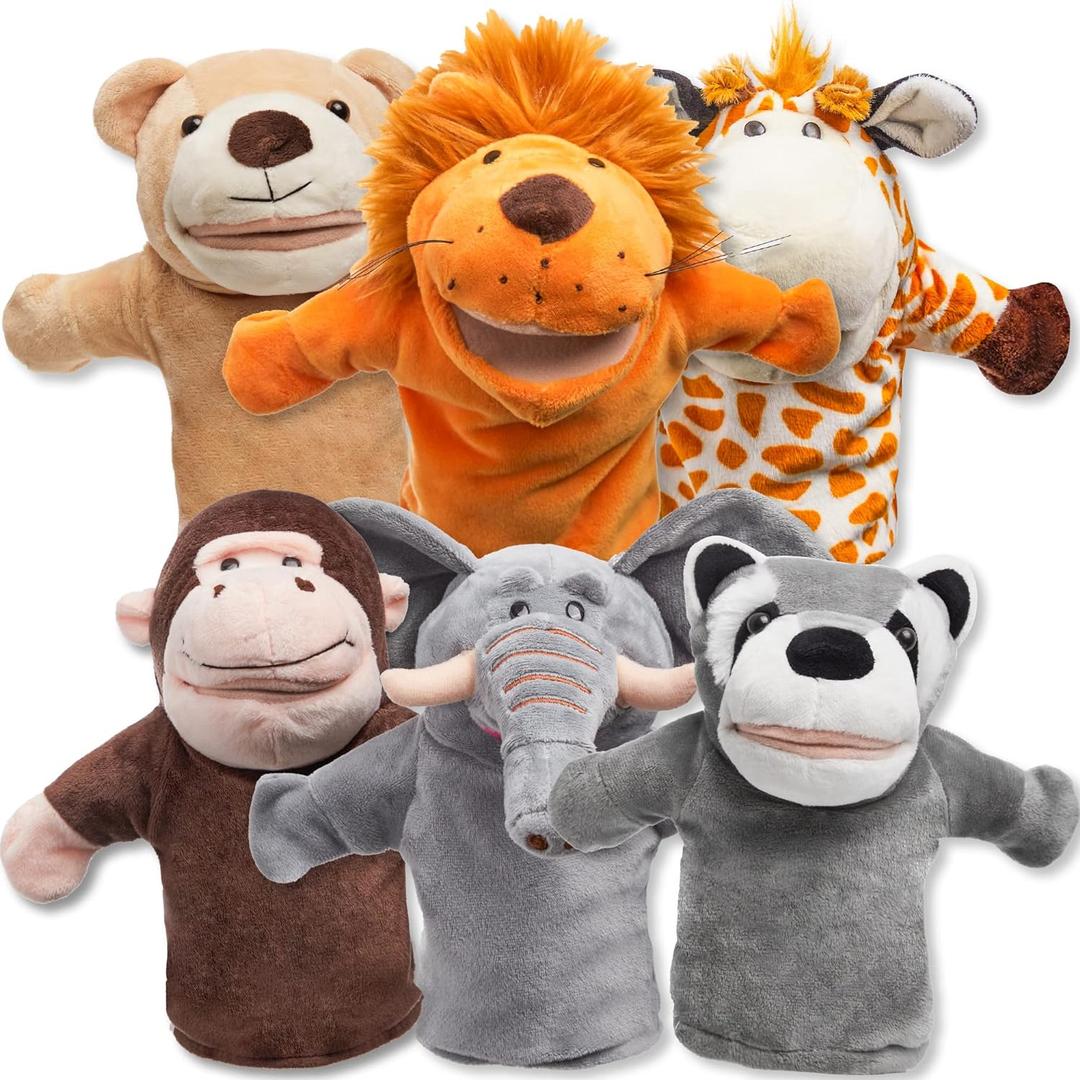 JOYIN 6Pcs Kids Hand Puppet Set with Working Mouth, Toddler Plush Toy Includes Elephant, Giraffe, Lion, Bear, Raccoon and Monkey for Show Theater, Christmas Birthday Gifts for Kid
