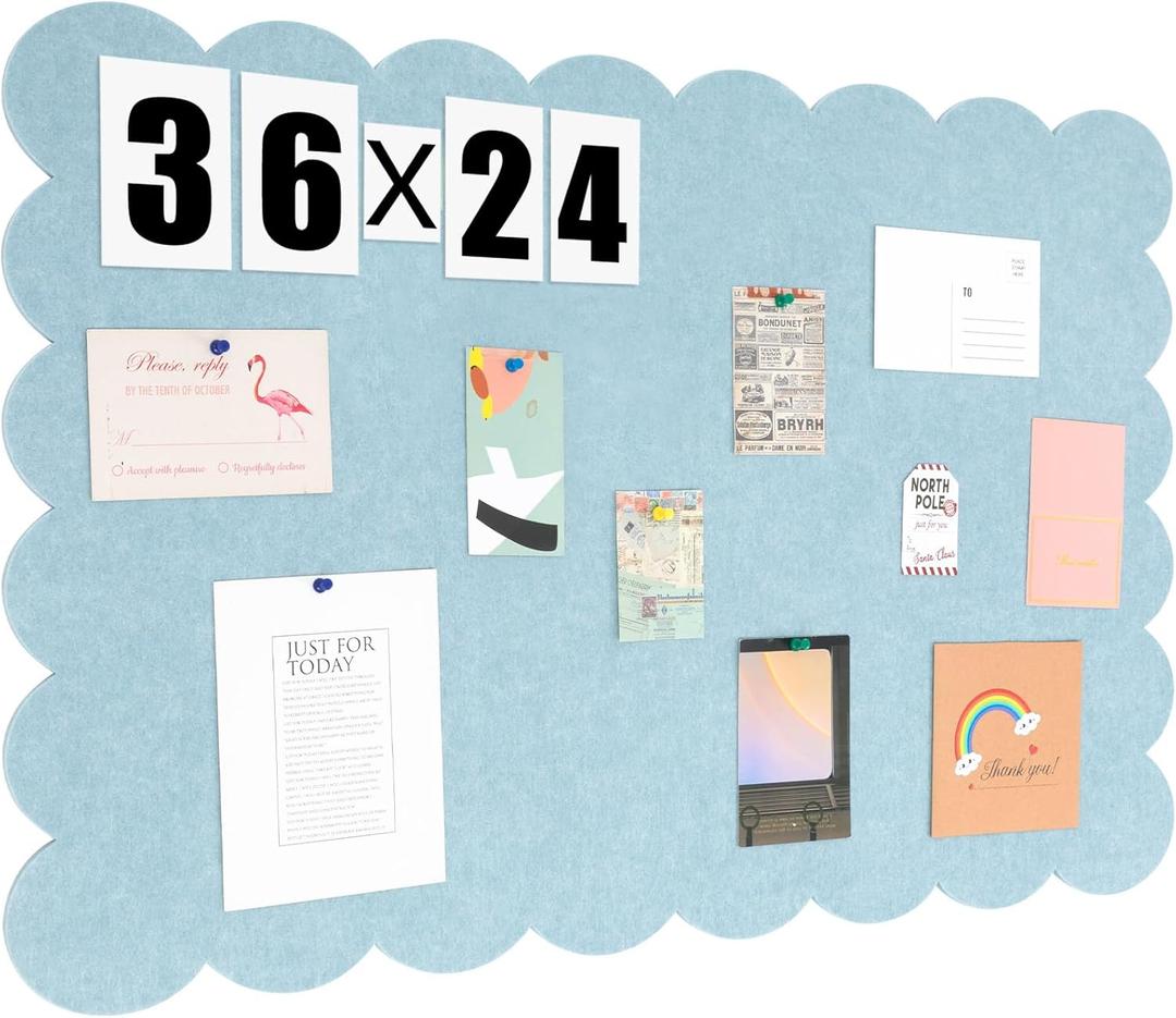 Scalloped Felt Bulletin Board 36 x 24 Inches Foldable Blue Pin Cork Board Alternative for Wall, 3' x 2' Trifold Picture Vision Self Adhesive Bulletin Decorative