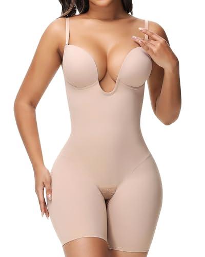 SHAPSHE Low Back Shapewear U Plunge Strapless Bodysuit for Women Tummy Control Built In Bra Thigh Slimmer Body Shaper Tan