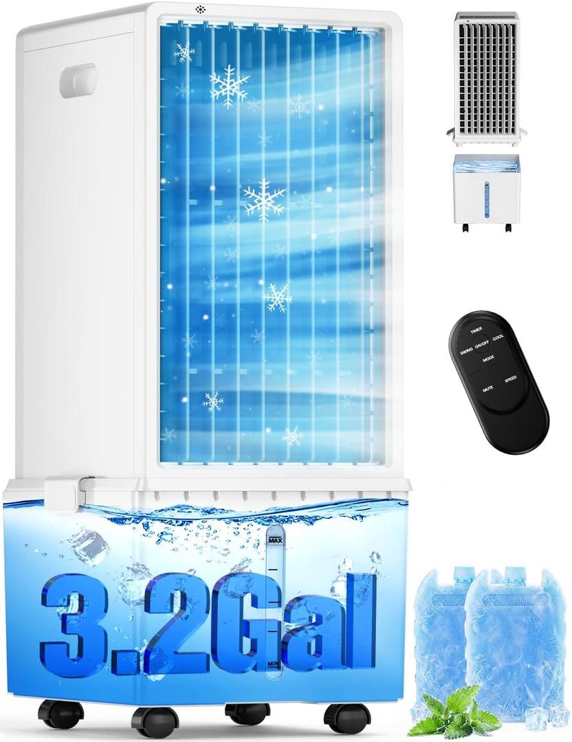 4-IN-1 Windowless Air Conditioner Portable w/ 4 Speed&4 Mode, 3.2-Gal Dual Tank for 30H Cooling, Waterless Alert Evaporative Cooler, 12H Timer, Remote, Swamp Cooler Air Conditioner for Bedroom