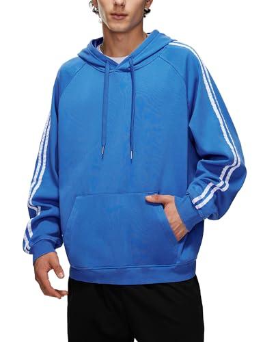 Iwing Hoodies Sweatshirts for Men Oversized Acid Wash Hoodie Double Striped Athletic Heavyweight Sweatshirt Casual Fleece Cotton Distressed Coat Men Women Unisex Fall Winter Streetwear 2025 Blue, M