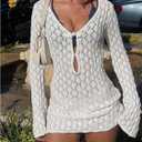 GORGLITTER Women's Crochet Bikini Cover Up Dress Cut Out Long Sleeve Beach Bathing Suit Swimsuit Outfits (White, M)