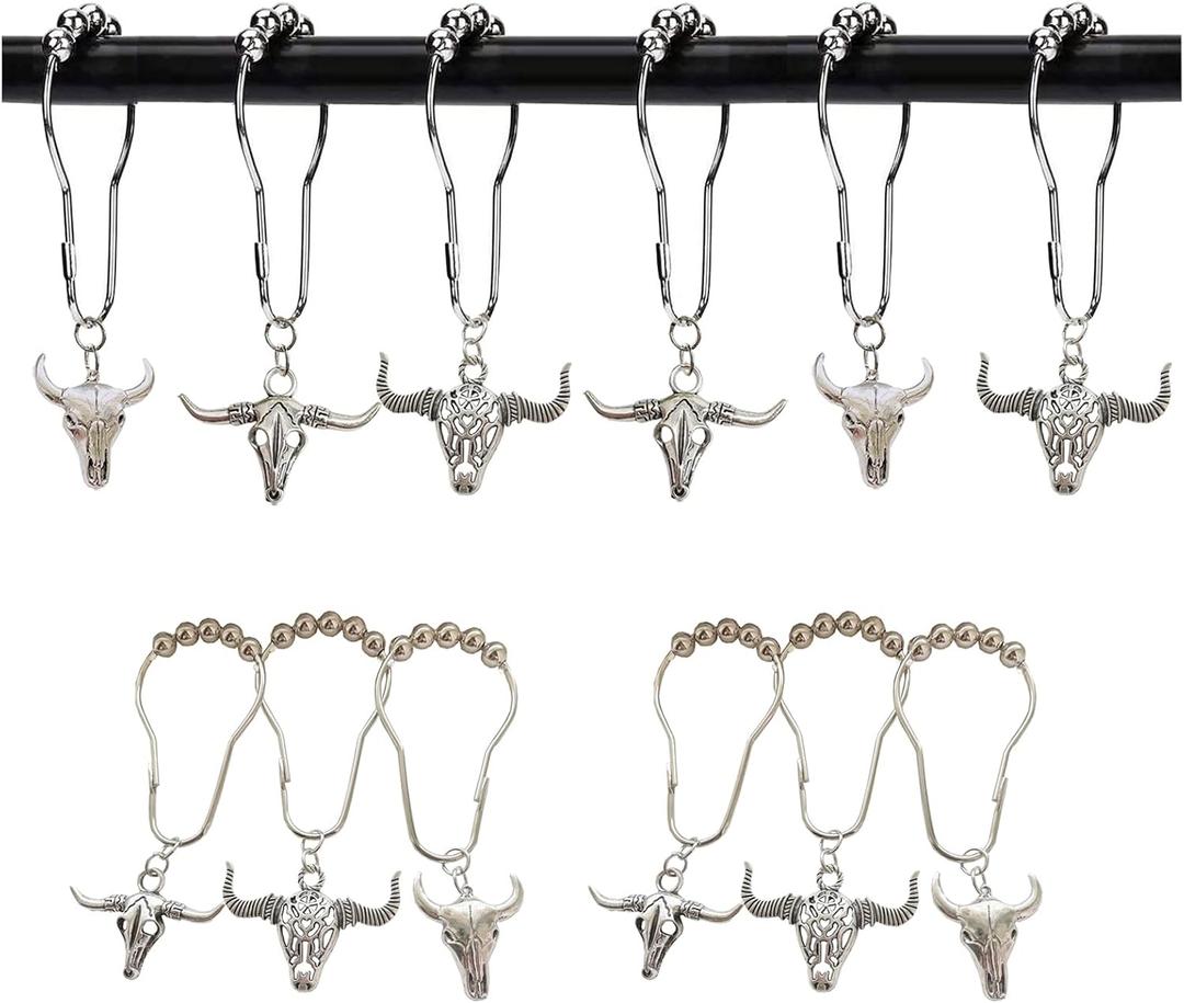 Cow Shower Curtain Hooks Rings,12Pcs Rustproof Stainless Steel Bull Skulls Pendants Accessories,Western Wildlife Farmhouse Rustic Farm Style Decorative Home Bathroom