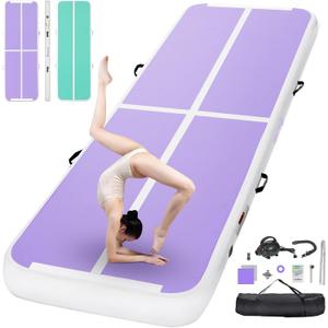 FBSPORT Inflatable Air Gymnastics Mat Training Mats 4/8 inches Thickness Gymnastics Tracks for Home Use/Training/Cheerleading/Yoga/Water with Pump (10ft*3.3ft*4in(3*1*0.1m), Purple+Green)