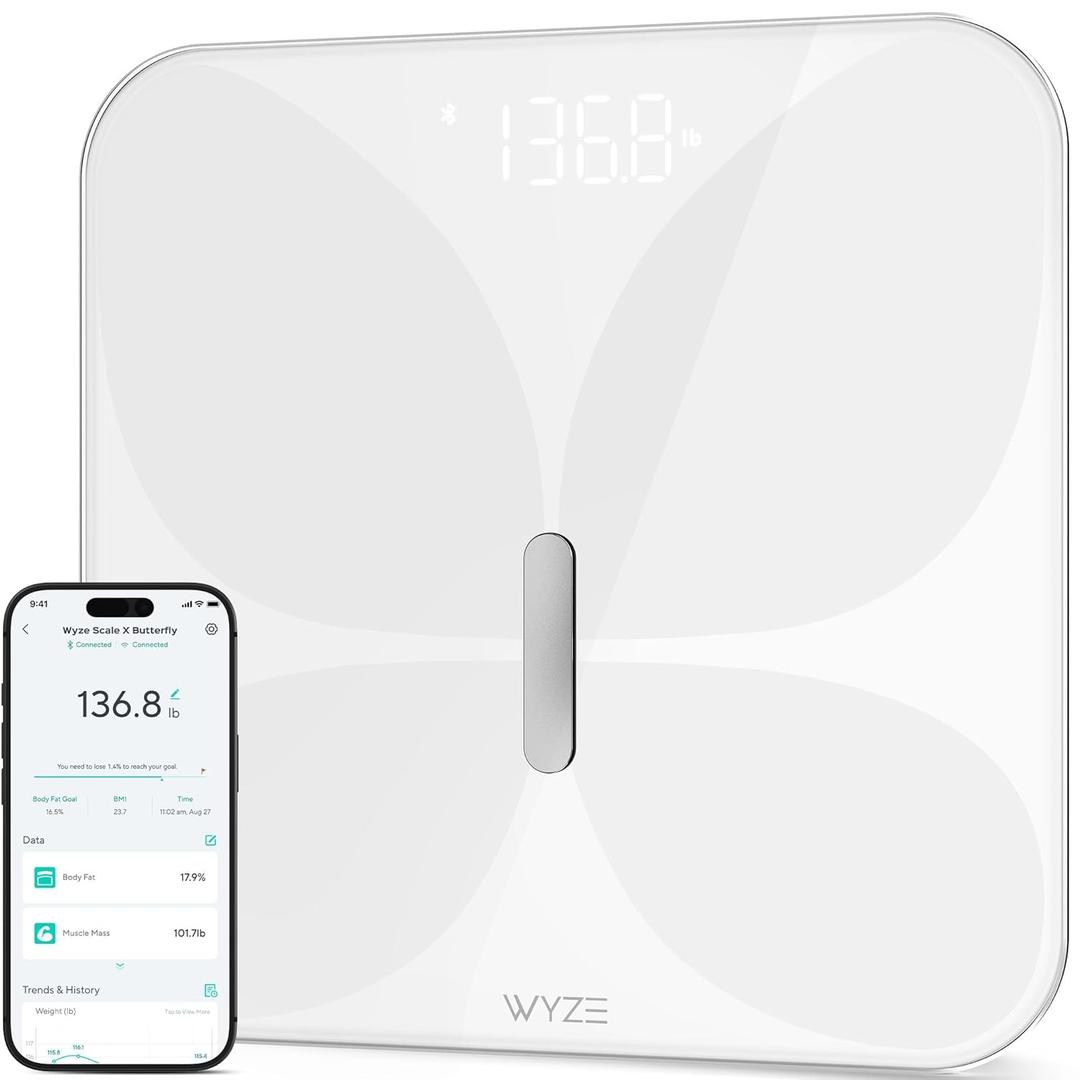 Wyze Smart Scale X Butterfly - Bathroom Scale for Body Weight, BMI, Body Fat, Muscle Mass, Accurate Bluetooth Digital Scale for Body Composition Analyzer | Sync Health Apps | ITO Glass, 400 lbs, White