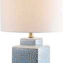 JONATHAN Y 22" Blue/White Modern Ceramic Ginger Jar Table Lamp for Nightstand, Square Lattice Transitional Chinoiserie Lamp for Living Room, White Linen Shade, LED Bulb JYL3044A