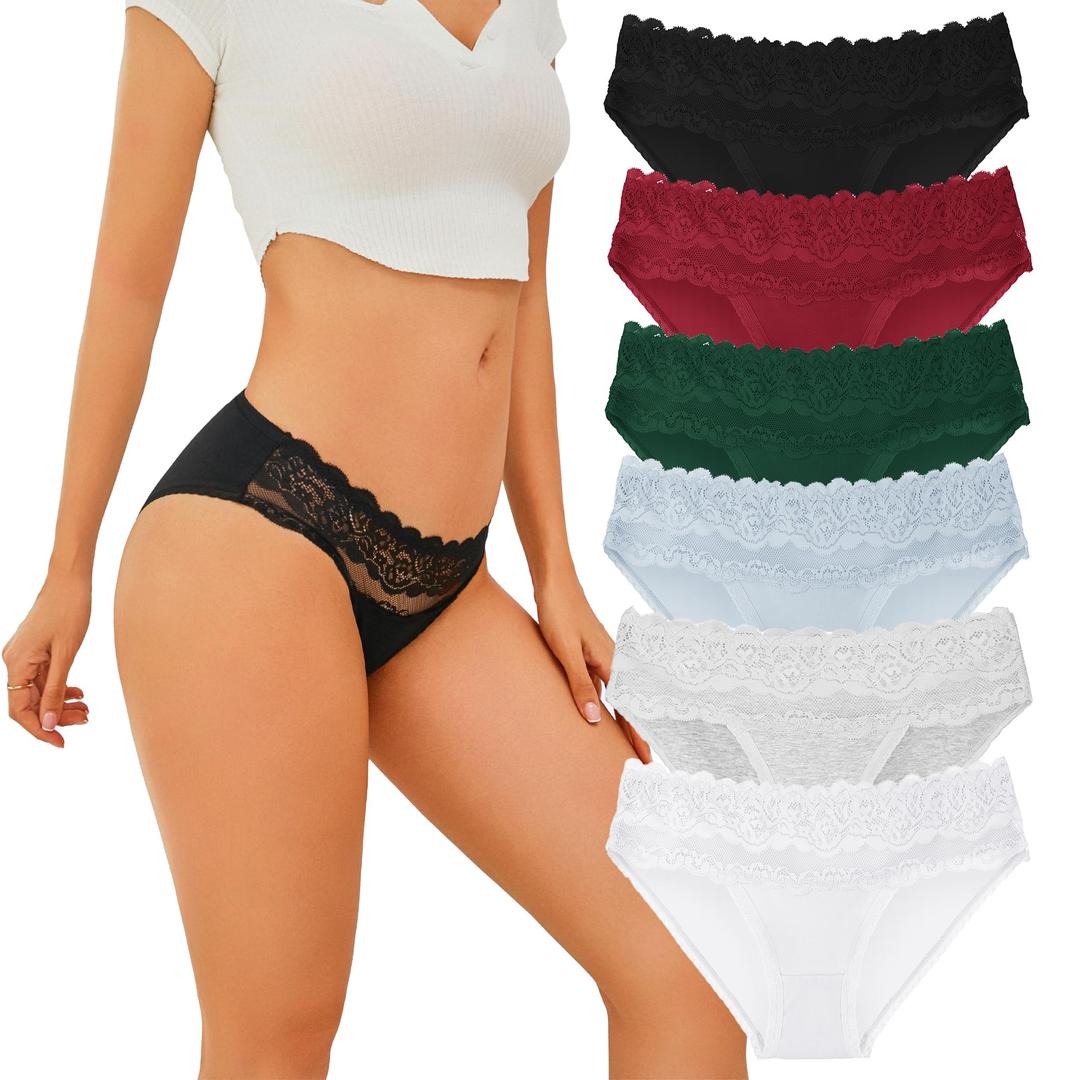 SELECT YOU Cotton Bikini Underwear for Women Cute Cheeky Bikini Panties Sexy Lace Soft Breathable Briefs 6 Pack S-XL (US, Alpha, Large, Regular, Regular, A-Color)