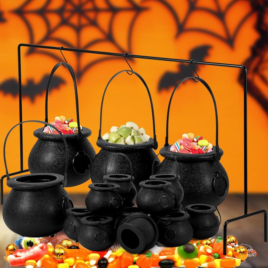 Sawysine 17 Pcs Halloween Witch Cauldron Set with Rack, Large and Mini Plastic Cauldrons, Caramel Apple Dipping Bar Halloween Candy and Dessert Serving Bowls Table Decor(Black Style)