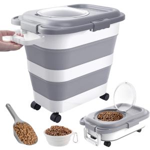 25-28 Lbs Dog Food Storage Container, Collapsible With Airtight Lids, Wheels, Handle, Large Pet Food Container With Scoop and Bowl for Dog Cat