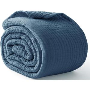 100% Cotton Light Blue Throw Blanket 50" x 70", 6 Layers Large Breathable and Lightweight Cotton Blanket for Bed and Couch, Soft Quilt Bedspread, Gauze Blanket for Adults All Season, Blue (05 - Dark Blue)