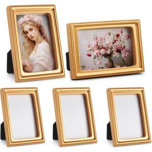 AceOrbit 5 Pcs 2x3 Inch Mini Gold Picture Frames for Wedding Small Victorian Vintage Antique Ornate Retro Baroque Photo Frame Pack with Backboard for Wall Hanging Tabletop Display Decor (Rectangle)