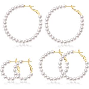 CERSLIMO Pearl Hoop Earrings for Women - 3 Pairs 14K Gold Plated & Sterling Silver Post Big Large Hoops 4mm Pearl Earrings Jewelry Gifts 20/30/40/50mm