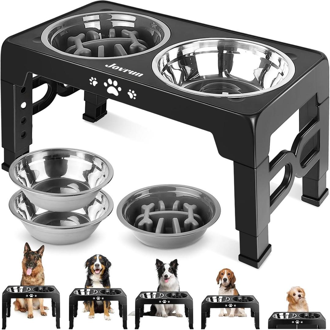Elevated Dog Bowls, Dog Feeder with 2 Stainless Steel Dishes &1 Slow Feeder Bowl, 5 Heights Adjustable Raised Stand for Medium Large, Food Dishes with Non-Slip Feet (Black)