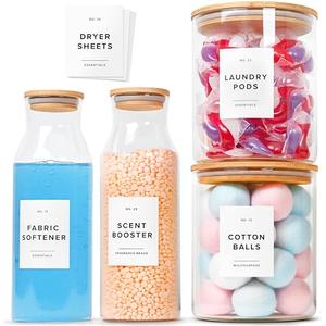 Glass Laundry Detergent Dispenser Containers with 36 Labels - Glass Jars with Lids - Laundry Room Organization - Storage Containers for Detergent, pods, liquid Fabric softener, Scent Booster Set of 3
