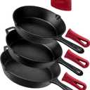 Cuisinel Cast Iron Skillet Set - 8" + 10" + 12"-Inch Pre-Seasoned Frying Pans + Silicone Handle Grip Covers - Use Indoor/Outdoor, Oven, Grill, Stove, BBQ, Fire, Induction - Kitchen/Camping Cookware