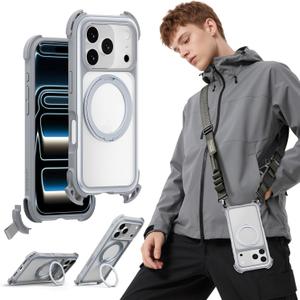 MAGEASY Compatible with iPhone 17 Pro 6.3" Case with 360° Stand - 25ft Ultimate Drop Protection, Work with MagSafe, Crossbody Utility Strap, Aluminum Frame | Odyssey Ultra M (Mist)
