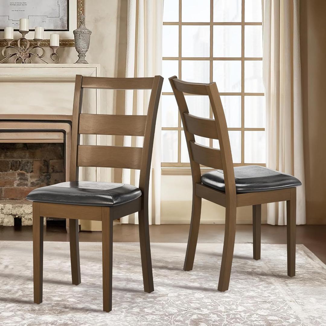 COLAMY Upholstered Dining Chairs Set of 2, PU Leather Ladder High Back Dining Room Kitchen Side Chair with Adjustable Foot Pegs, Dark Brown