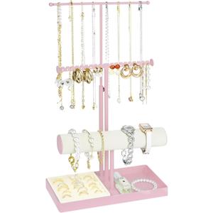 Jenseits Jewelry Holder Stand Organizer, 3-Tier Necklace Holder w/Bracelet Holder Display & Velvet Rings Tray, Pink Jewelry Organizer for Women Girls, Cute Aesthetic Jewelry Hanger Tower Storage Rack
