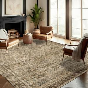 CHAMPLANT Area Rug 8x10 Washable Rug Brown Vintage Traditional Mat Distressed Indoor Foldable Thin Retro Accent Floral Non Slip Carpet Living Room Dining Room Office