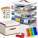 Medicine Storage Organizer, 4-Tier Medicine Box with 7-Day Pill Case and Bottle Storage Bin, Clear Trays and Carry Handle, First Aid Storage Case for Home Cabinet