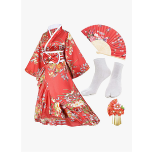 Women's Kimono Robe Geisha Yukata Sweet Tuxedo Ruffle Dress Blossom Satin Bathrobe Sleepwear Fans Tabi Socks Set, size -5XL