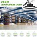 BFT UFO LED High Bay Light 240w 5000K 36,000LM 0-10V Dimmable High Bay Led Shop Lights UL 5-Foot Cable IP65 Hook Mount Shop Lights for Warehouse Workshop