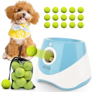 Automatic Dog Ball Launcher,Dog Ball Thrower for Small Dogs with 3 Distance Settings,15 Mini Tennis Balls Sizing 2 Inch and Mesh Bag-Blue