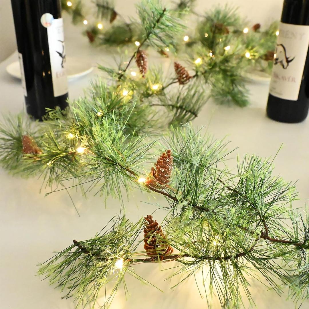 6.4ft Dense Christmas Garland, Prelit Smokey Garland with Pine Cones, LED Lights for Holiday Home Indoor and Outdoor Decoration