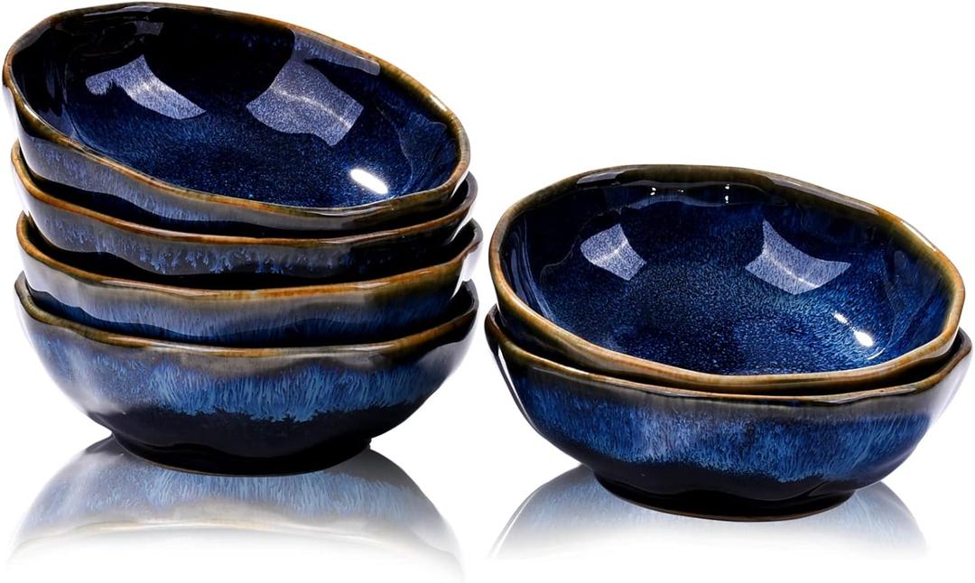 Ceramic Soy Sauce Dishes Set of 6 Dipping Bowls for Sushi Snack Condiments (Blue Kiln)