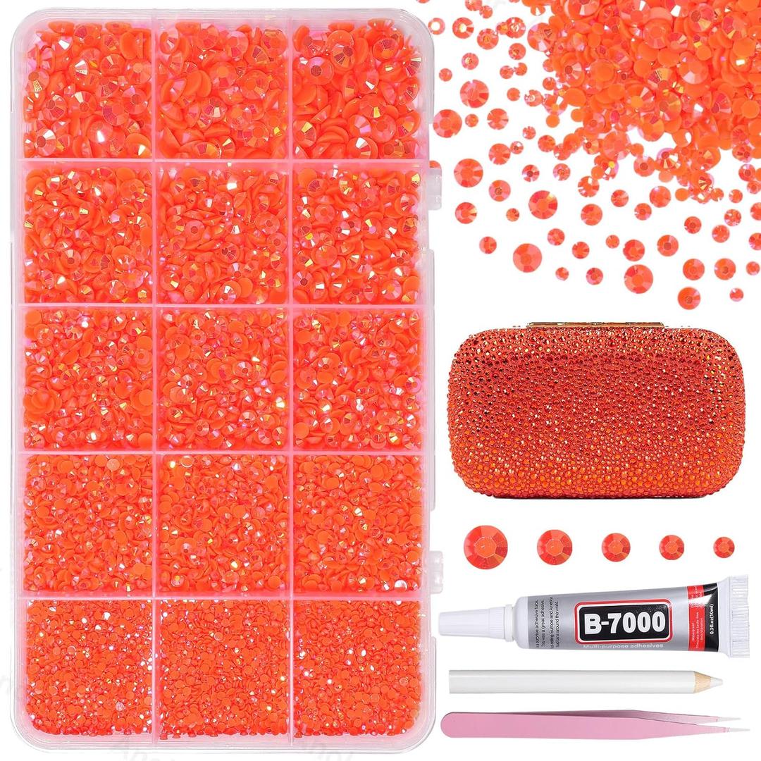 12000Pcs Orange Rhinestones for Bedazzling Kit, 2/3/4/5/6mm Mix Sizes Jelly Bedazzling Resin Gems, Orange Gems Bedazzling, Flatback Resin Rhinestones for DIY Face Makeup Crafts Tumblers