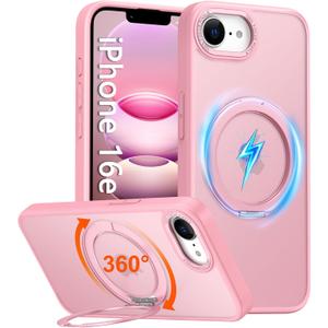 Oneagle 360 Spin Magnetic Stand for iPhone 16E Case 2025, [Fit for MagSafe], [15FT Military Grade Shockproof] Translucent Matte Slim iPhone 16E Phone Case 6.1" with [Rotatable Kickstand Ring], Pink