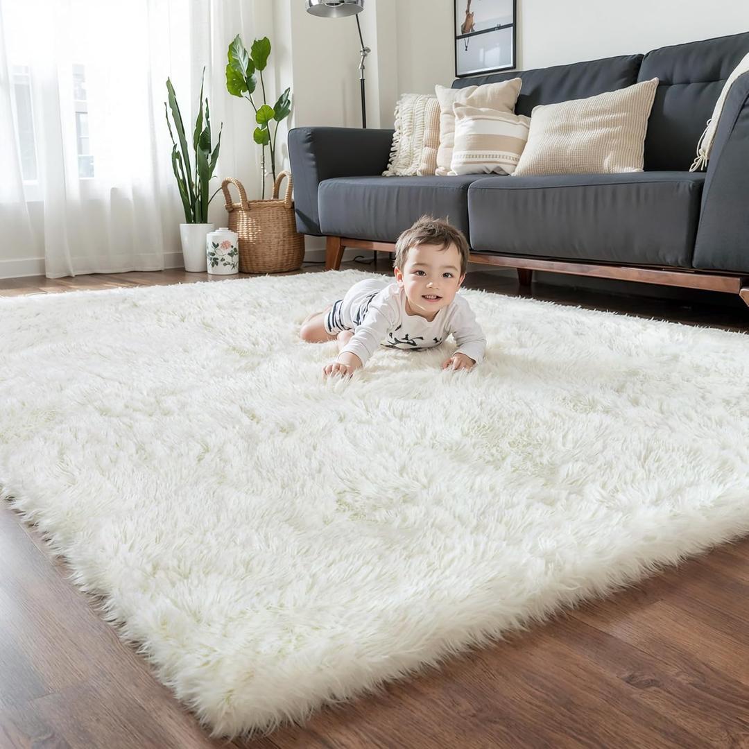 Thick Area Rug 5x8 Cream White Fluffy Shag for Bedroom, Washable Fuzzy Rug for Living Room, Modern Soft Shaggy Furry Plush Thickened Carpet for Kids Boys Girls Dorm Room Nursery, Ivory