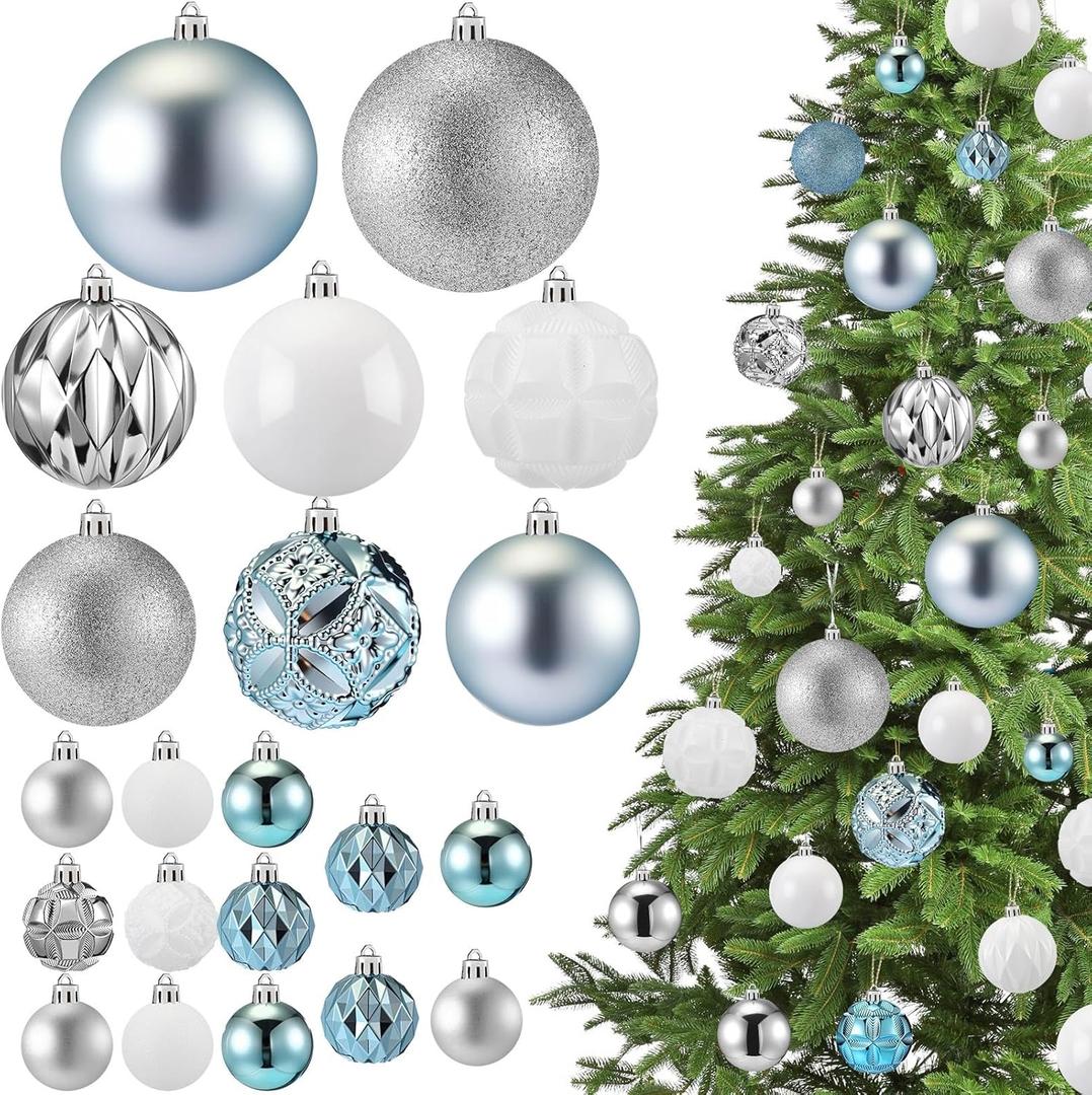 Soulchen 4 Size Christmas Balls Ornaments Set 46 Pcs 1.57, 2.36, 3.15, 4 Christmas Tree Decorations Shatterproof Hanging Plastic Xmas Ball for Holiday Xmas Tree(Light Blue, Silver White)