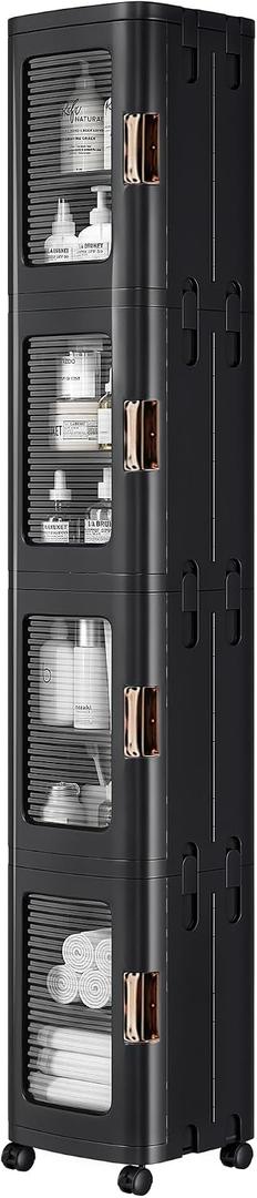 VECELO 4-Tier Narrow Storage Cabinet with Wheels, Black, 9.6 x 11.2 x 65.4 In