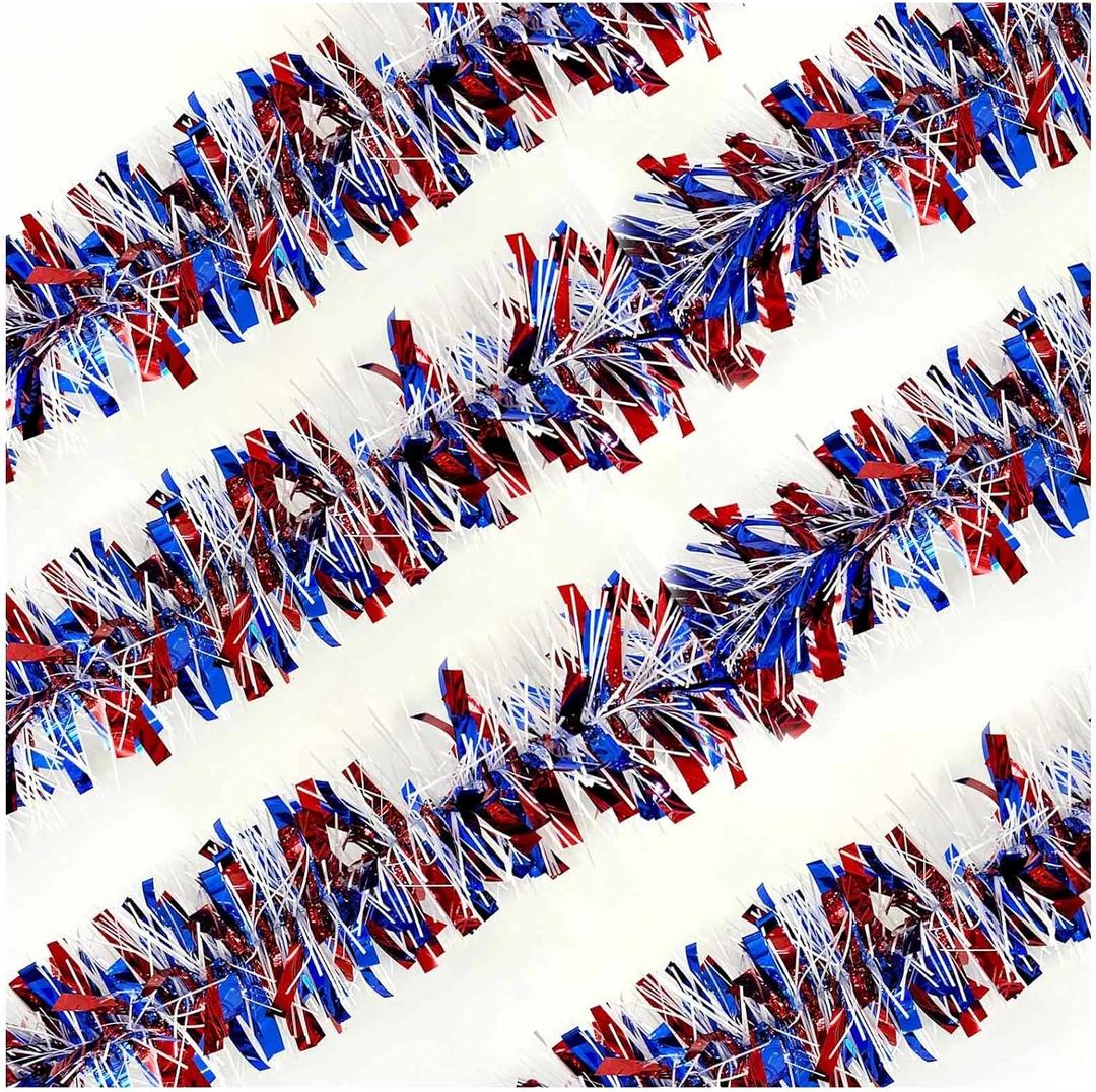 2 Pcs 4th of July Tinsel Garland Red White Blue Independence Day Metallic Glitter Hanging Twist Decor for Home Indoor Outdoor Holiday Party Supplies 6.2ft Each Plastic Decor
