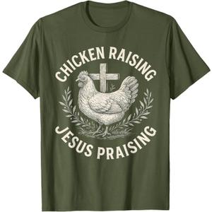 Chicken Raising & Jesus Praising Retro Farm T-Shirt, M, Olive Green