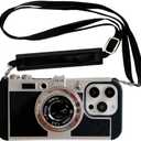 3D Vintage Camera Phone Case with Long Lanyard - Unique Cool Silicone PC Shockproof Crossbody Protective Case for iPhone 16 Pro Max- Black