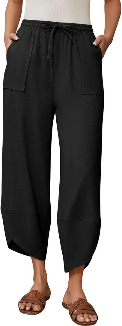 Womens Barrel Harem Linen Pants Wide Leg Pants Baggy Sweatpants Palazzo Drawstring Elastic Waist with Pockets Beach (Medium, Black)