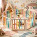 Baby Wooden Playpen, Foldable Shape & Size Adjustable Playpen for Toddler and Babies, Wood Baby Play Yard with Locking Gate, Large Pack and Play for Play Area Indoor(Multicolor, 8 Panel)