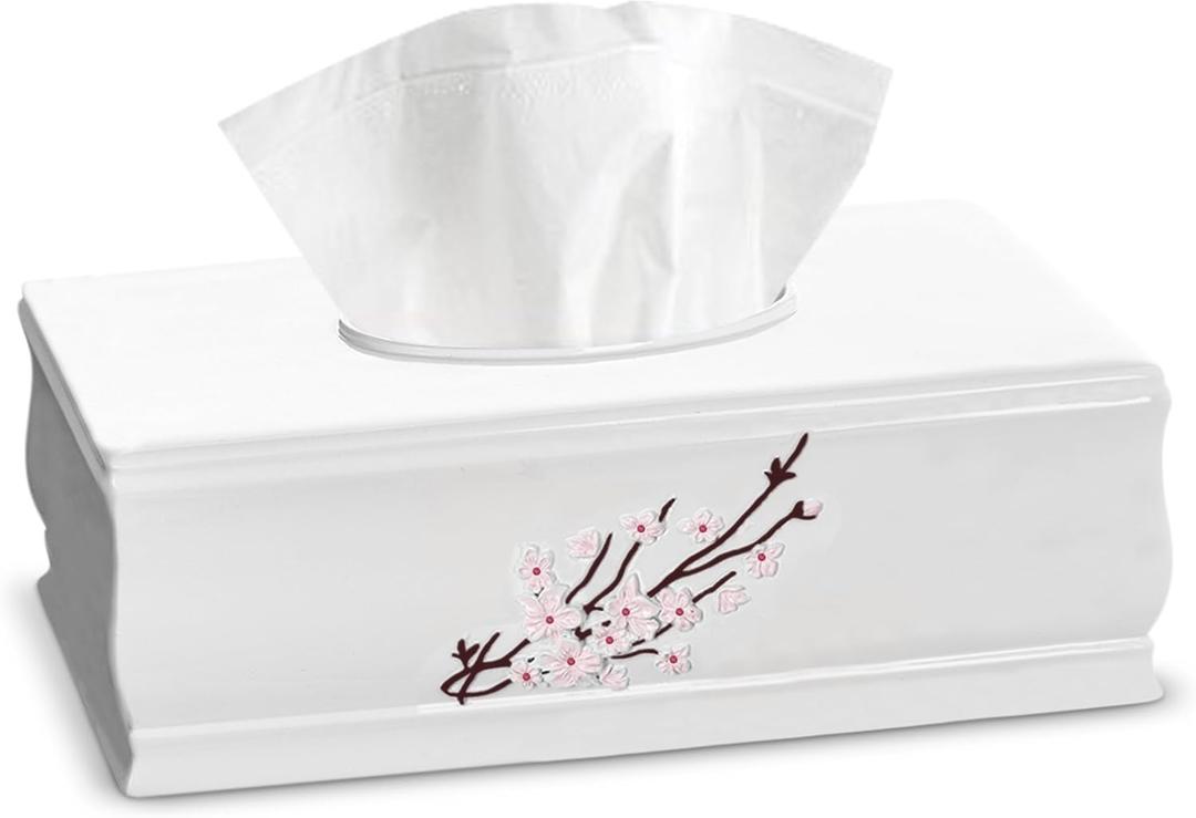 Creative Scents Vanda Rectangle Tissue Box Cover - Decorative Cherry Blossom Tissue Holder for Bathroom - White Tissue Box Holder Rectangular with Durable Bottom Slider - White Bathroom Accessories