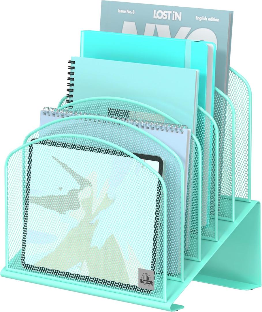 Inclined Desk File Organizer, 5-Section Vertical File Folder Holder Stand Metal Rack File Sorter for Office Classroom Desktop Organization (1Pack, Aqua)