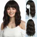 simkaylee Brown Highlights Wig with Bangs for Women Synthetic 16 inches Medium Length Wigs with Natural Long Wavy Fringe Highlighted Wig Heat Resistant Hair for Daily Party Use (16inch)