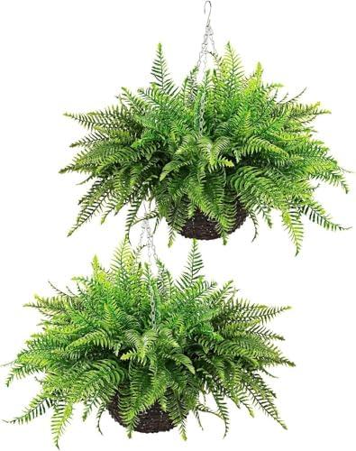 QIANYUN Fake Fern Outdoor Artificial Plants-2-Pack Artificial Outdoor Hanging Fern Faux Greenery UV Resistant Plastic Plants for Front Porch Living Room Garden Decor- Including Hanging Planters