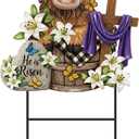 Amyhill Easter Outdoor Decor Highland Cow Metal Garden Stakes Decorative He is Risen Highland Cow Yard Signs with Stakes Cattle Lily Yard Sign for Easter Christian Holiday Garden Lawn Decor
