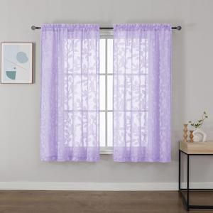 OVZME Lavender Sheer Kitchen Curtains 42 X 36 Inch Length 2 Panels, Semi Sheer Drapes Light Filtering Bathroom Window Curtains, Jacquard Clip Leaf Pattern Short Curtains for Small Window Tiers