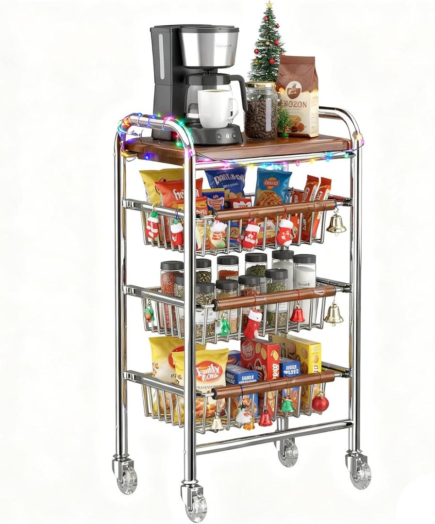 Fruit Vegetable Basket, 4 Tier Kitchen Storage Cart with Wooden Panel and Pull-Out Baskets, Snack Cart with Wheels for Fruit Potato Onion Vegetable Bread Snack