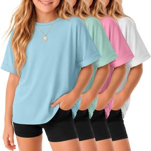 4 Pack Girls Oversized T-Shirts, 4-Color, 7-8 Years | Short Sleeve Tops, Loose Fit, Crew Neck, Tees, Rolled Sleeve, Casual, Basic, Plain, Summer